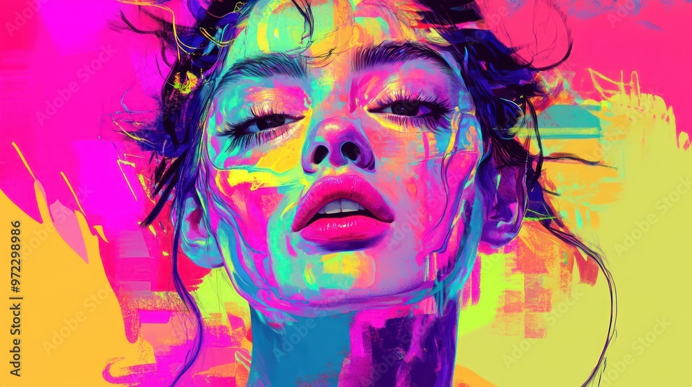 Fototapeta premium An expressive portrait of a young woman with vibrant colors radiating energy and emotion.