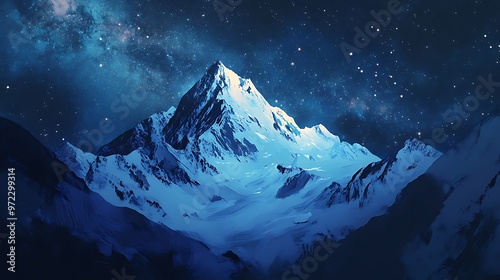 Majestic Snowy Mountain Peak Under Starry Night Sky photo