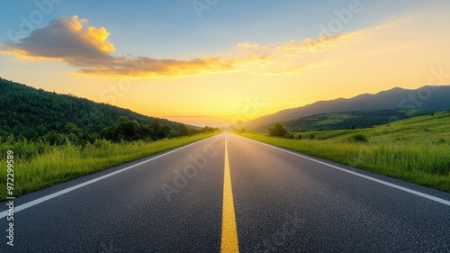 Fototapeta Naklejka Na Ścianę i Meble -  A tranquil sunset over a long road, surrounded by lush green hills and open fields, perfect for travel and nature themes.