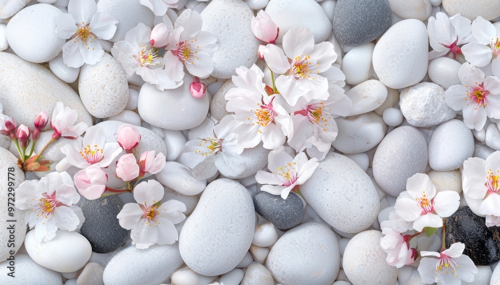 An abstract mix of smooth river stones and blossoming cherry blossoms, forming a delicate balance of natural textures and floral elegance An abstract mix of smooth river stones and blossoming cherry blossoms, forming a delicate balance of natural textures and floral elegance