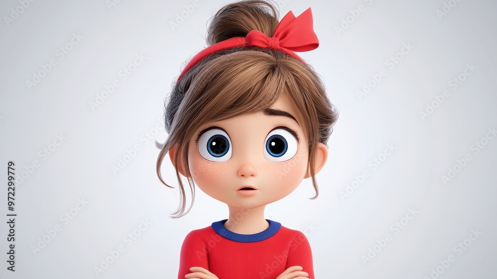 Cute animated girl with big eyes and a red bow, expressing curiosity and wonder. Perfect for children's content. Cute animated girl with big eyes and a red bow, expressing curiosity and wonder. Perfect for children's content.