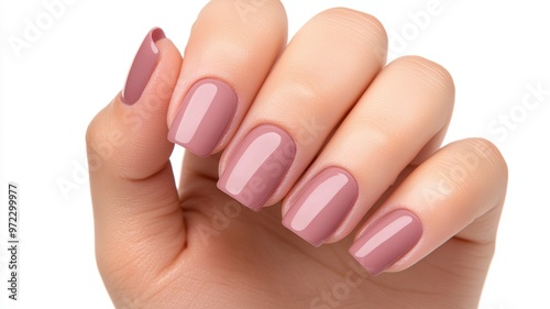 Elegant hand with perfectly manicured nails featuring a stylish nude pink polish, showcasing beauty and sophistication.