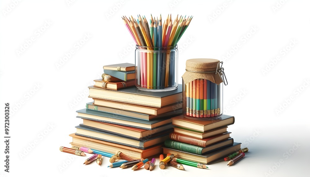 Books stacked with a jar of colorful pencils on top, isolated on white background. Concept of education and learning. 3D Rendering Books stacked with a jar of colorful pencils on top, isolated on white background. Concept of education and learning. 3D Rendering