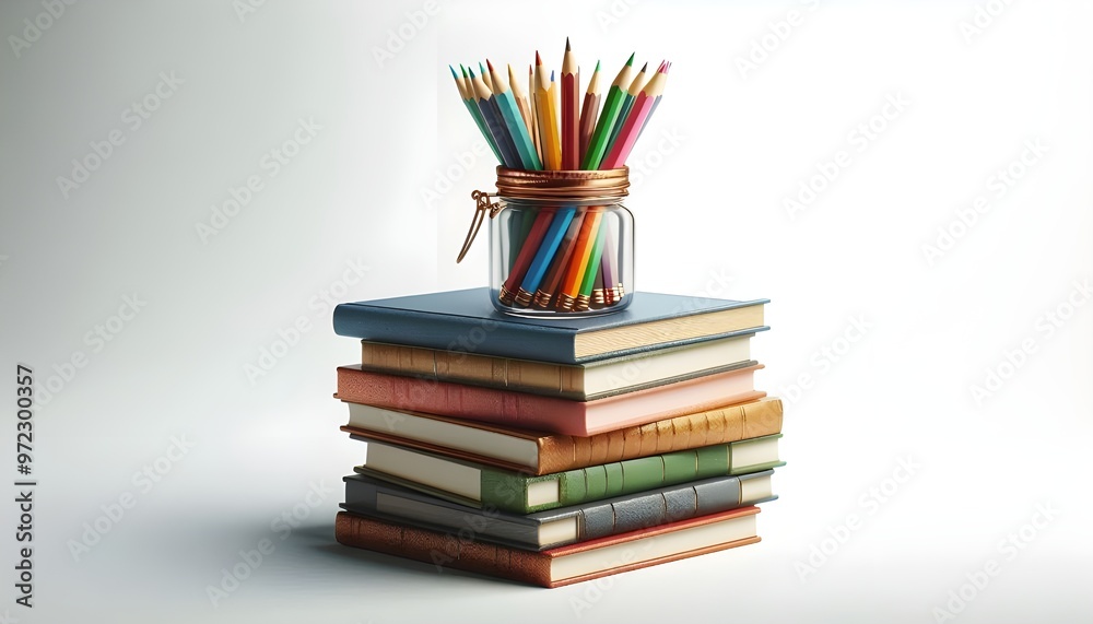 Books stacked with a jar of colorful pencils on top, isolated on white background. Concept of education and learning. 3D Rendering Books stacked with a jar of colorful pencils on top, isolated on white background. Concept of education and learning. 3D Rendering