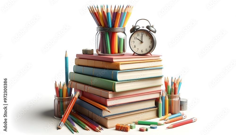 Books stacked with a jar of colorful pencils on top, isolated on white background. Concept of education and learning. 3D Rendering Books stacked with a jar of colorful pencils on top, isolated on white background. Concept of education and learning. 3D Rendering