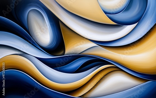 A poetic swirl of gradient tones, moving from deep blues to light yellows, intertwined with abstract, flowing shapes photo