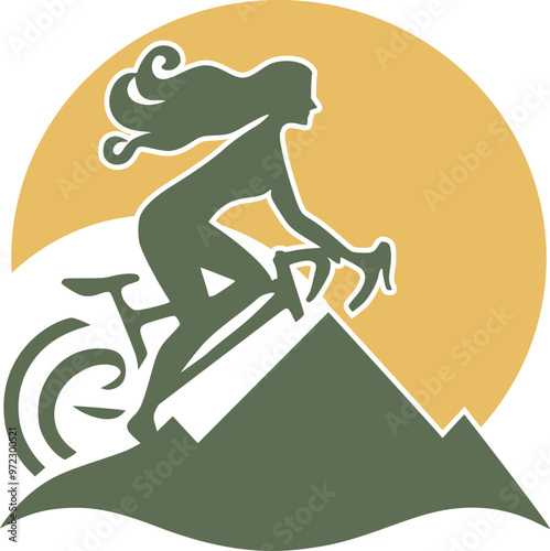 a woman who rides a bike on a mountain with the sun logo photo