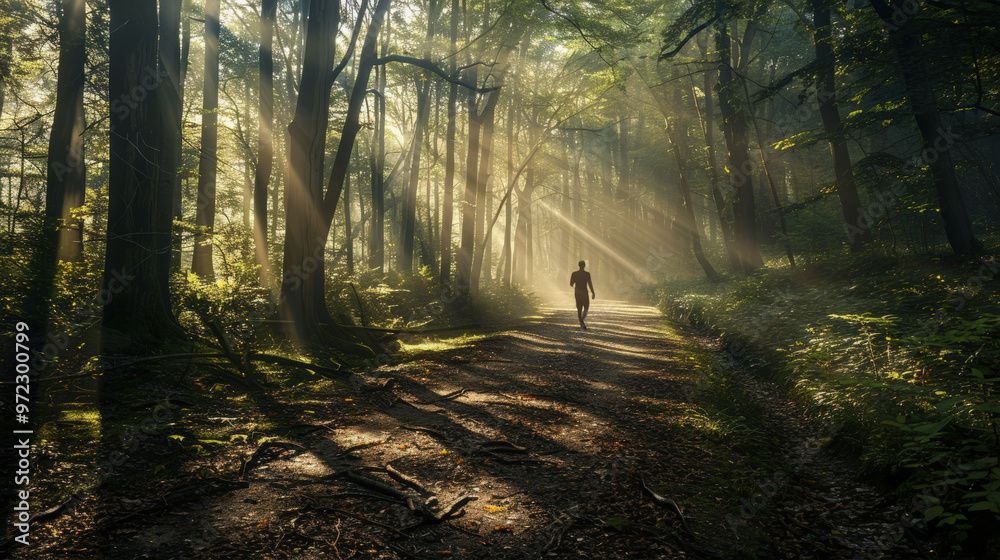 Obraz premium person is walking through a forest with sunlight shining through the trees