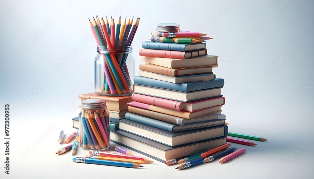 Books stacked with a jar of colorful pencils on top, isolated on white background. Concept of education and learning. 3D Rendering Books stacked with a jar of colorful pencils on top, isolated on white background. Concept of education and learning. 3D Rendering