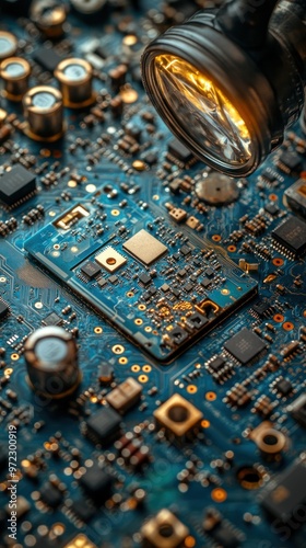 Close-up of a circuit board with electronic components and a magnifier. photo