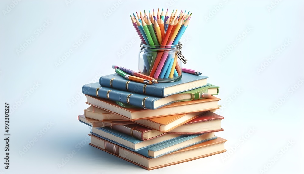 Books stacked with a jar of colorful pencils on top, isolated on white background. Concept of education and learning. 3D Rendering Books stacked with a jar of colorful pencils on top, isolated on white background. Concept of education and learning. 3D Rendering