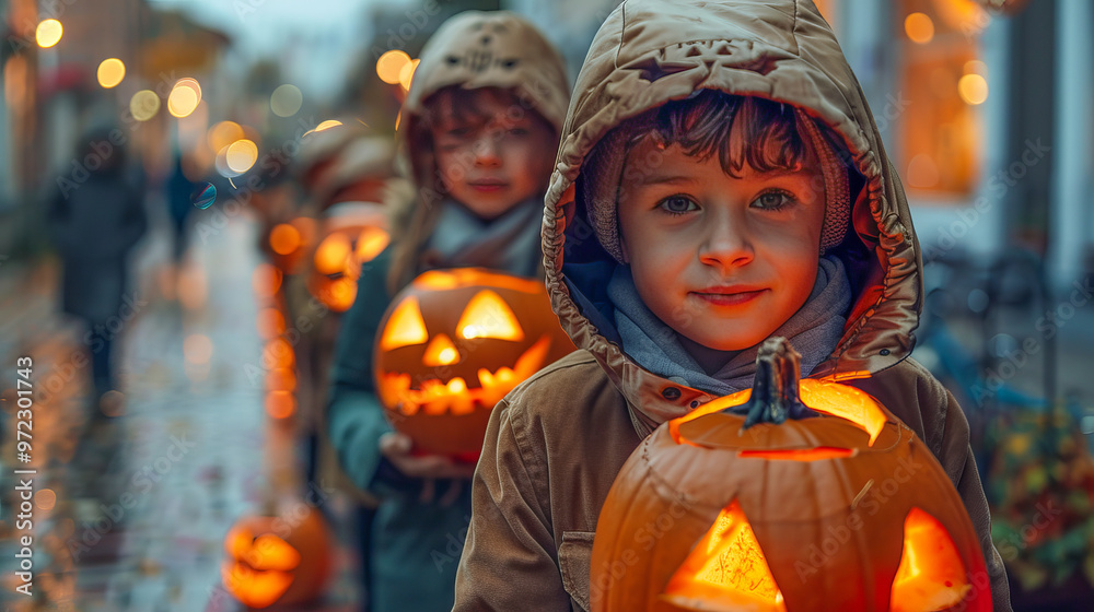 Group of children holding illuminated jack o lanterns celebrating halloween at dusk Group of children holding illuminated jack o lanterns celebrating halloween at dusk