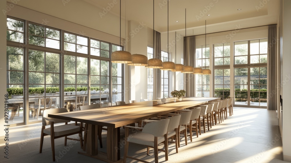 custom made wallpaper toronto digitalElegant dining room with a long wooden table, pendant lights, and large windows letting in soft, natural light.