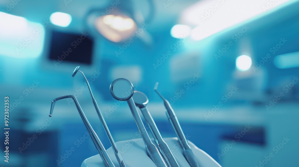 Close-up of dental tools in a modern clinic, set against a calming blue background conveying a sense of professionalism and cleanliness. Close-up of dental tools in a modern clinic, set against a calming blue background conveying a sense of professionalism and cleanliness.
