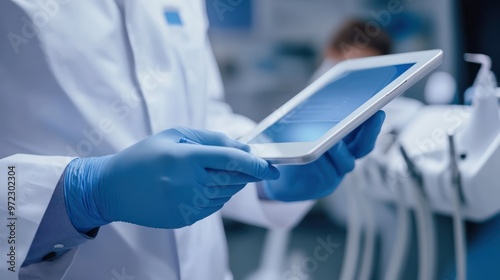 A healthcare professional in a white coat and blue gloves using a tablet in a clinical setting.