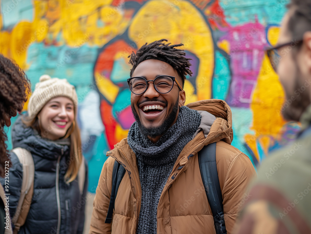 A group of people in front of a colorful graffiti wall, showcasing urban street art and diverse fashion styles in a city setting A group of people in front of a colorful graffiti wall, showcasing urban street art and diverse fashion styles in a city setting