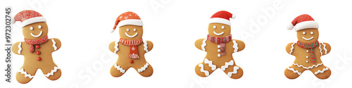 Charming gingerbread cookies wearing festive hats and scarves, perfect for holiday decorations and winter celebrations.