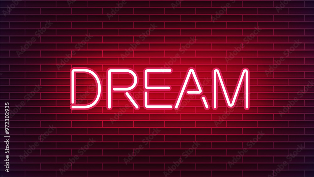 Neon sign with word dream pink neon lights against a red brick wall. Neon sign with word dream pink neon lights against a red brick wall.