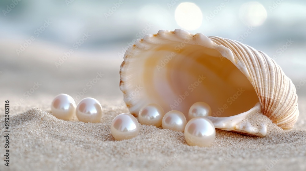 A seashell with lustrous pearls resting on sandy beach. A seashell with lustrous pearls resting on sandy beach.