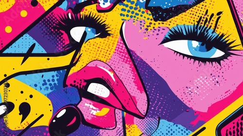 Vibrant close-up of a pop art illustration featuring a woman's face with bold colors and dramatic features.