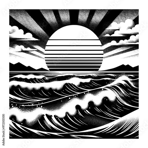 sun and ocean waves black and white design