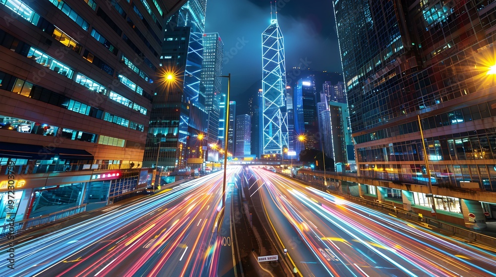Obraz premium Hong Kong Cityscape at Night with Light Trails