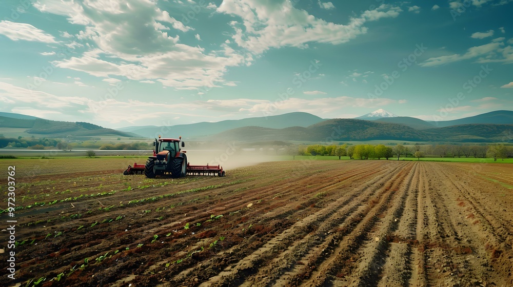 Tractor Working in a Field on a Sunny Day Tractor Working in a Field on a Sunny Day