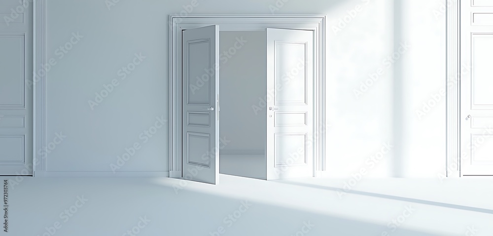 Modrn architctural spac with an mpty whit room and opn door. Modrn architctural spac with an mpty whit room and opn door.
