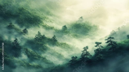 A rolling green hillside descending into a dense, fog-laden forest, with misty tendrils