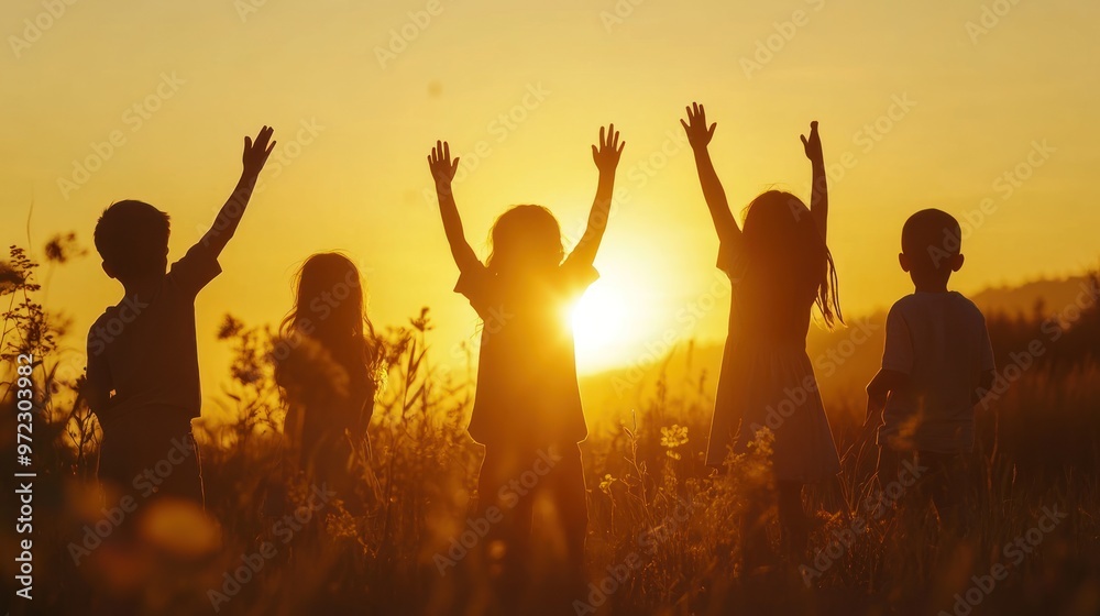 Fototapeta premium Silhouetted children with raised hands against a sunset backdrop in a grassy field.