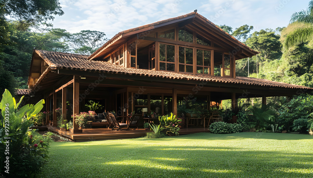 Modern wooden house with a large glass window overlooking lush green forest. Modern wooden house with a large glass window overlooking lush green forest.