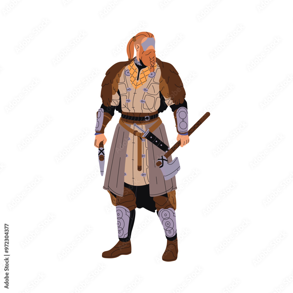 Viking in armor holds weapon. Ancient barbarian, medieval man with beard. Nordic warrior with axe in hand. Scandinavian soldier in animal skin. Flat isolated vector illustration on white background Viking in armor holds weapon. Ancient barbarian, medieval man with beard. Nordic warrior with axe in hand. Scandinavian soldier in animal skin. Flat isolated vector illustration on white background