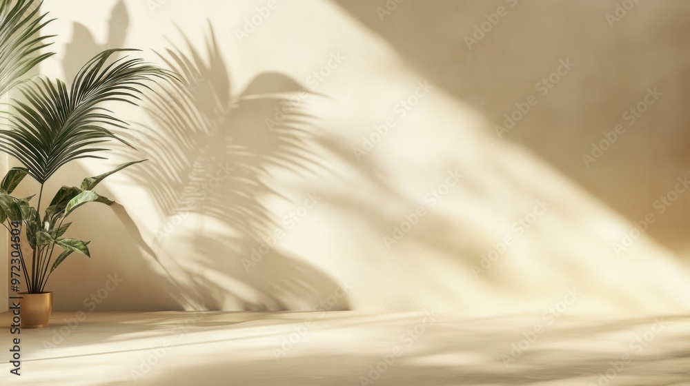 A serene indoor scene featuring a lush green palm plant casting shadows on a warm, neutral wall. A serene indoor scene featuring a lush green palm plant casting shadows on a warm, neutral wall.