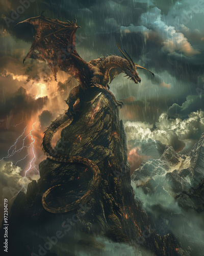 A dragon is perched on a mountain top, with a storm brewing in the background