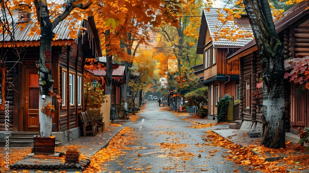 Fototapeta premium Charming Autumn Street with Wooden Houses and Colorful Leaves