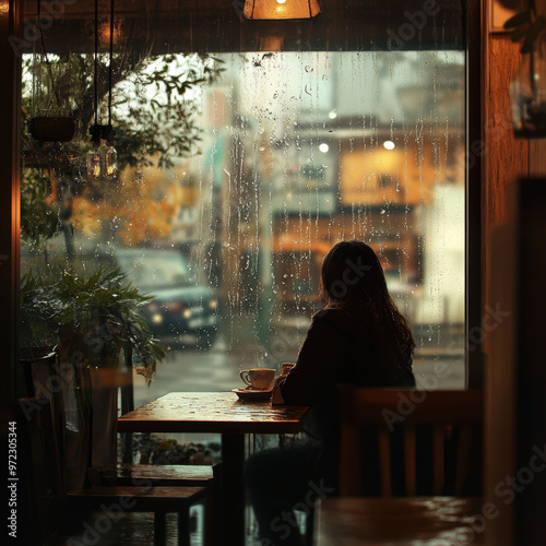 A woman sits at a table in a cafe, looking out the window at the rain