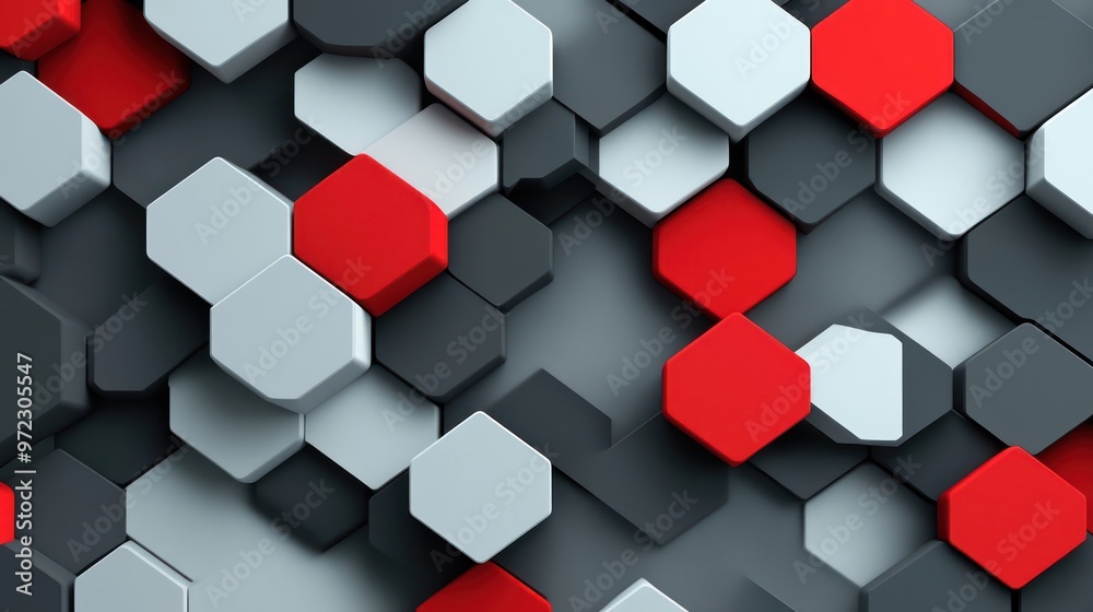 Abstract hexagonal pattern in red, gray, and white tones, creating a modern and dynamic visual effect.