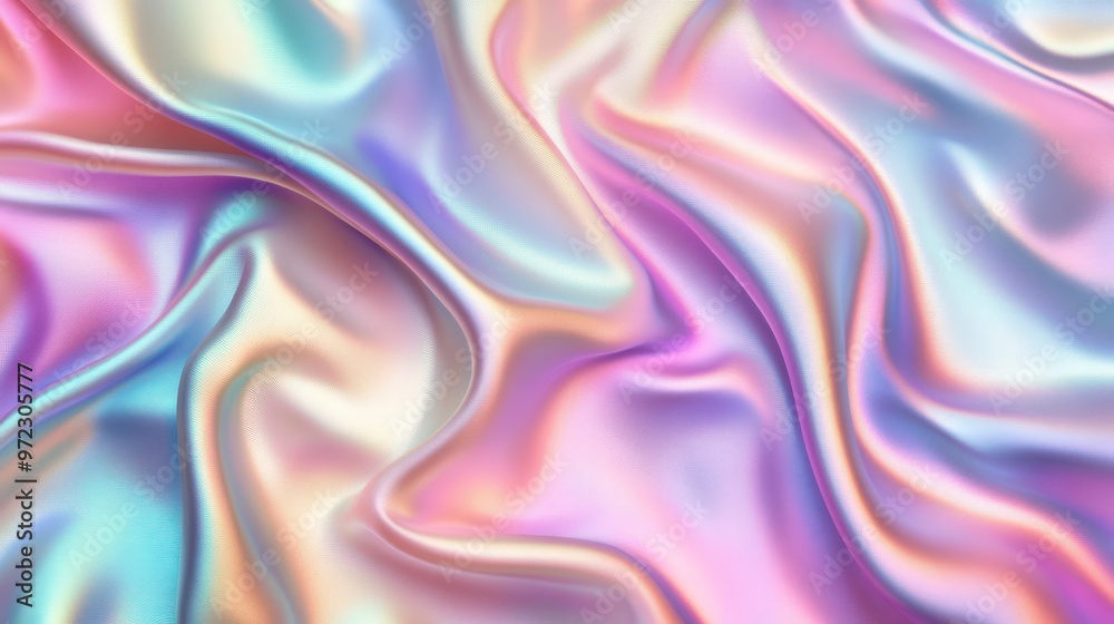 Obraz premium A close-up of iridescent satin fabric displaying soft, flowing waves in pastel colors of pink, blue, and lavender.