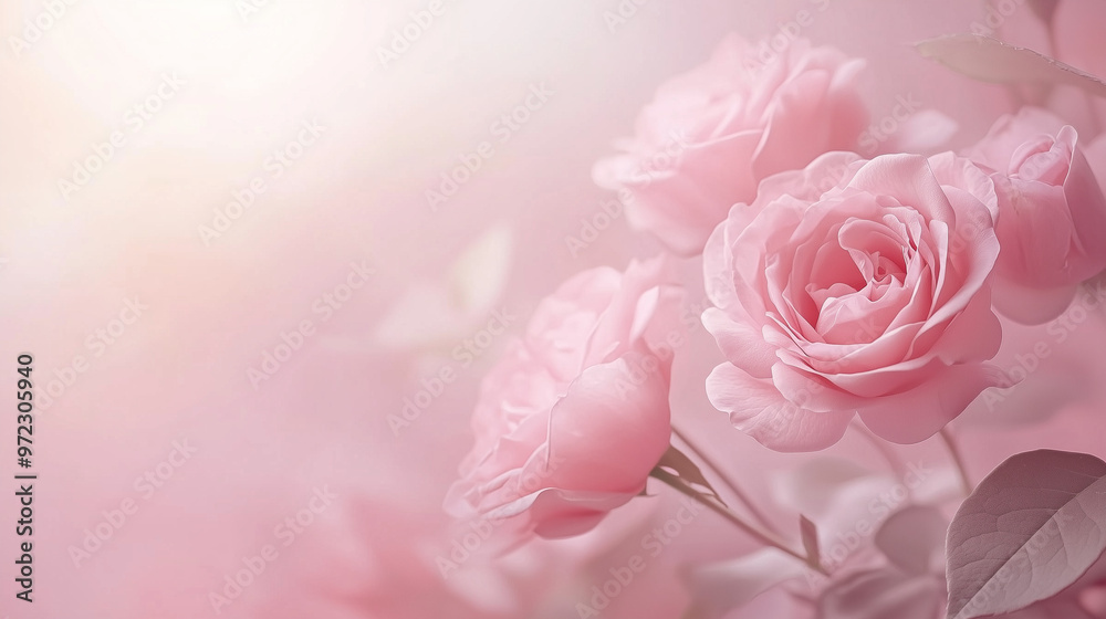 This image showcases fully bloomed pink roses captured in a soft focus, surrounded by gentle light, highlighting the gentle and romantic ambiance of the floral display. This image showcases fully bloomed pink roses captured in a soft focus, surrounded by gentle light, highlighting the gentle and romantic ambiance of the floral display.