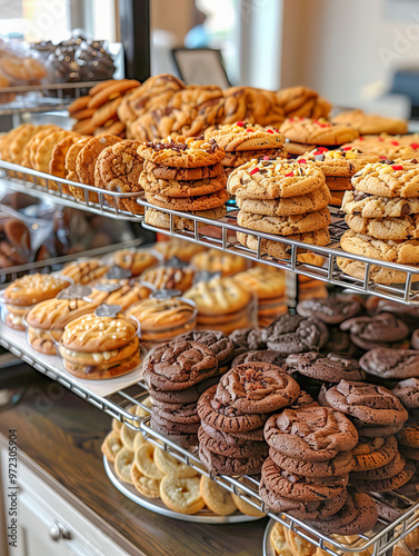 Delicious cookies cooling on metal racks in bakery display case