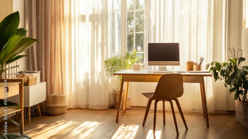 Obraz premium Minimalist home office setup with clean lines, a large desk, modern decor, and natural light streaming through a window.