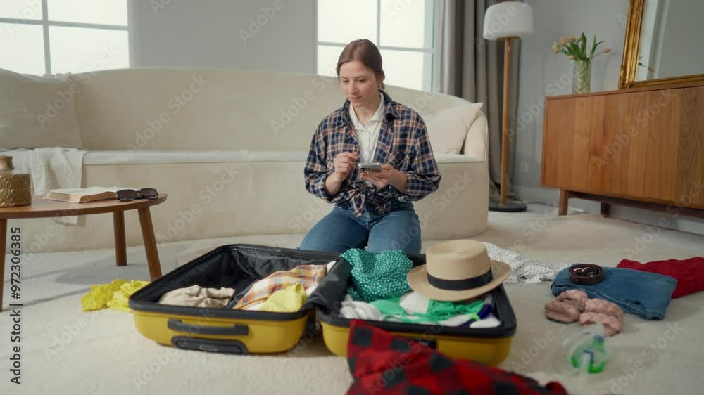 Woman preparing to trip, looking for information in internet, packing suitcase. Girl with smartphone preparing clothes and things for summer vacation on sea coast, holidays and tourism, lady at home