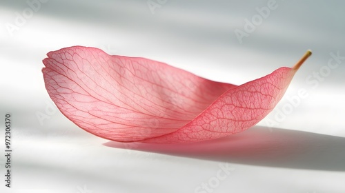 A close-up of a single sakura petal with subtle shadows and light reflecting off its delicate surface