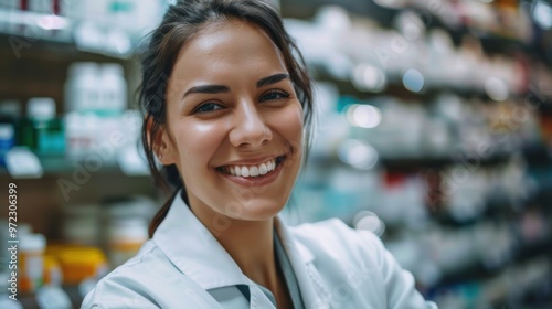 Portrait of young smiling woman, pharmacist at work, with blurred shelves of different medications. Professional occupation