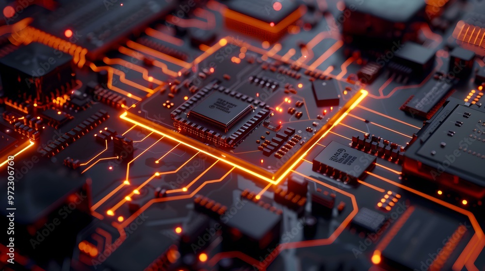 Closeup of a Glowing Circuit Board with Microchip Closeup of a Glowing Circuit Board with Microchip