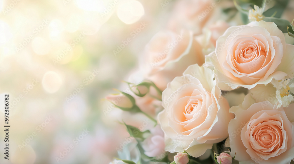 This image showcases delicate peach roses in full bloom, surrounded by a softly blurred floral background conveying tranquility and elegance. Perfect for romantic and nature themes. This image showcases delicate peach roses in full bloom, surrounded by a softly blurred floral background conveying tranquility and elegance. Perfect for romantic and nature themes.