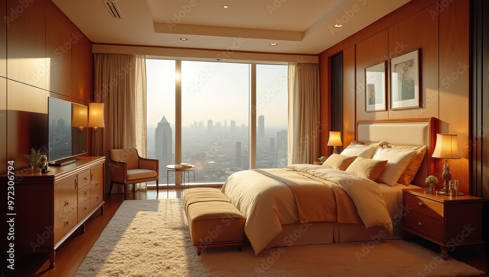 Fototapeta premium Luxurious Modern Bedroom with City View and Sunset
