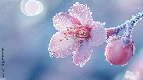 A close-up of a sakura flower dusted with morning frost, its fragile petals shimmering in the cool light