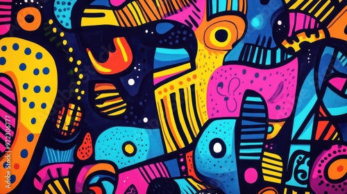 A vibrant abstract mural featuring colorful shapes and patterns in shades of blue, pink, yellow, and black.