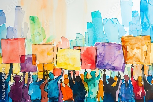 Crowd of people with banners and placards, public rally, democratic protest. Watercolor illustration.